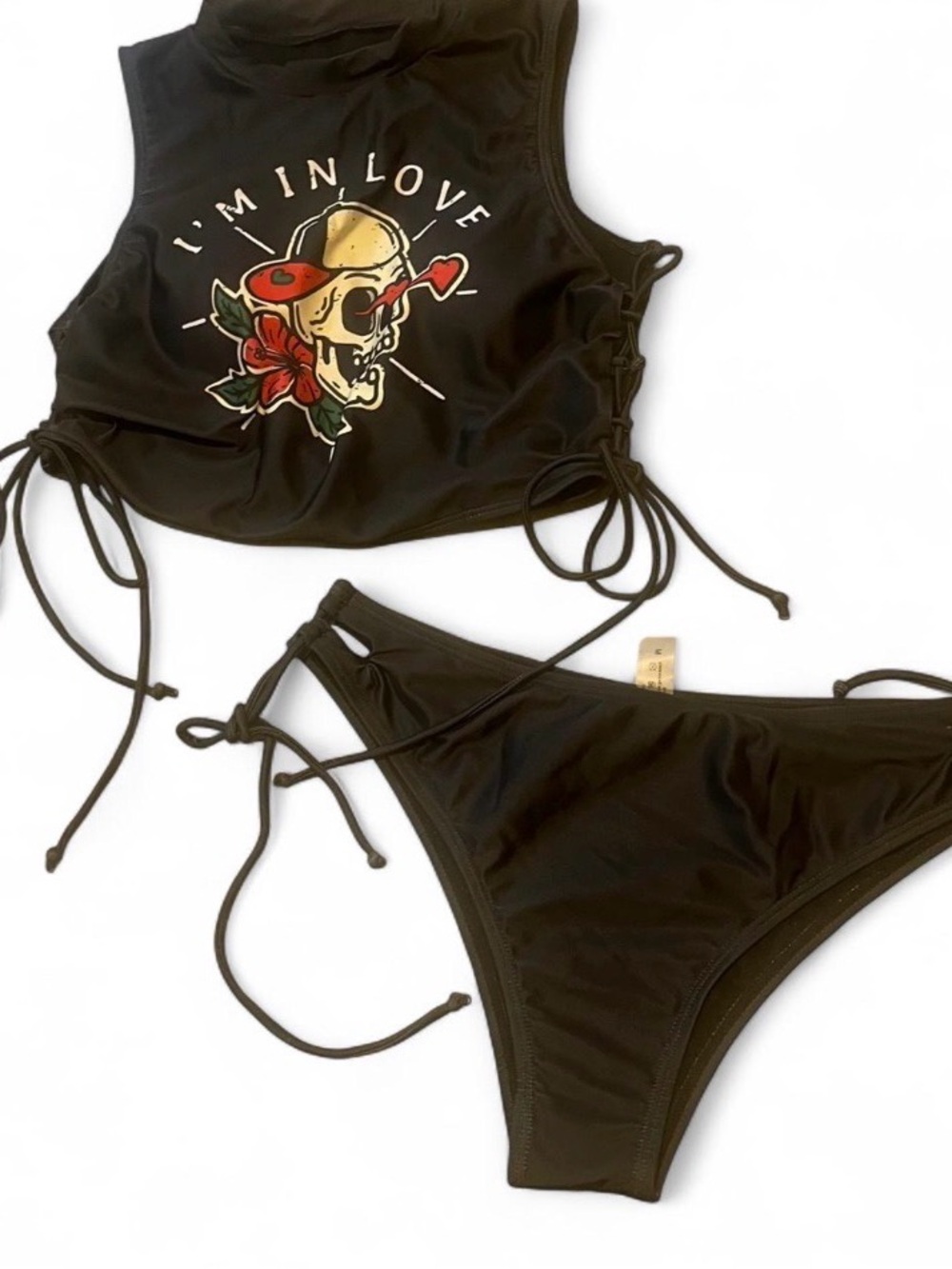 SHEIN Black Two-Piece Lace-Up Bikini Set with Skull & Rose Print